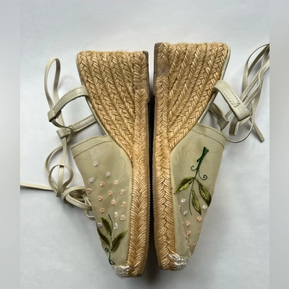 Simard embroidered Floral Ankle Tie Platform Espadrille Shoes Size 36